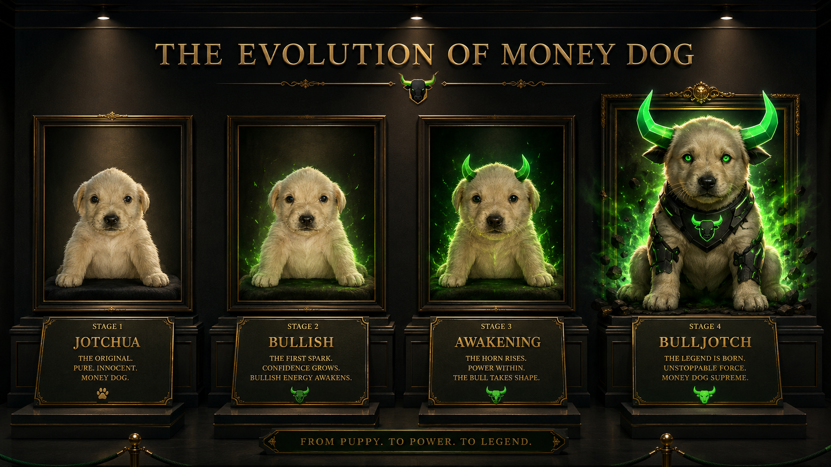 Gallery wall showing four stages of the Money Dog: Jotchua, Bullish, Awakening and Bulljotch