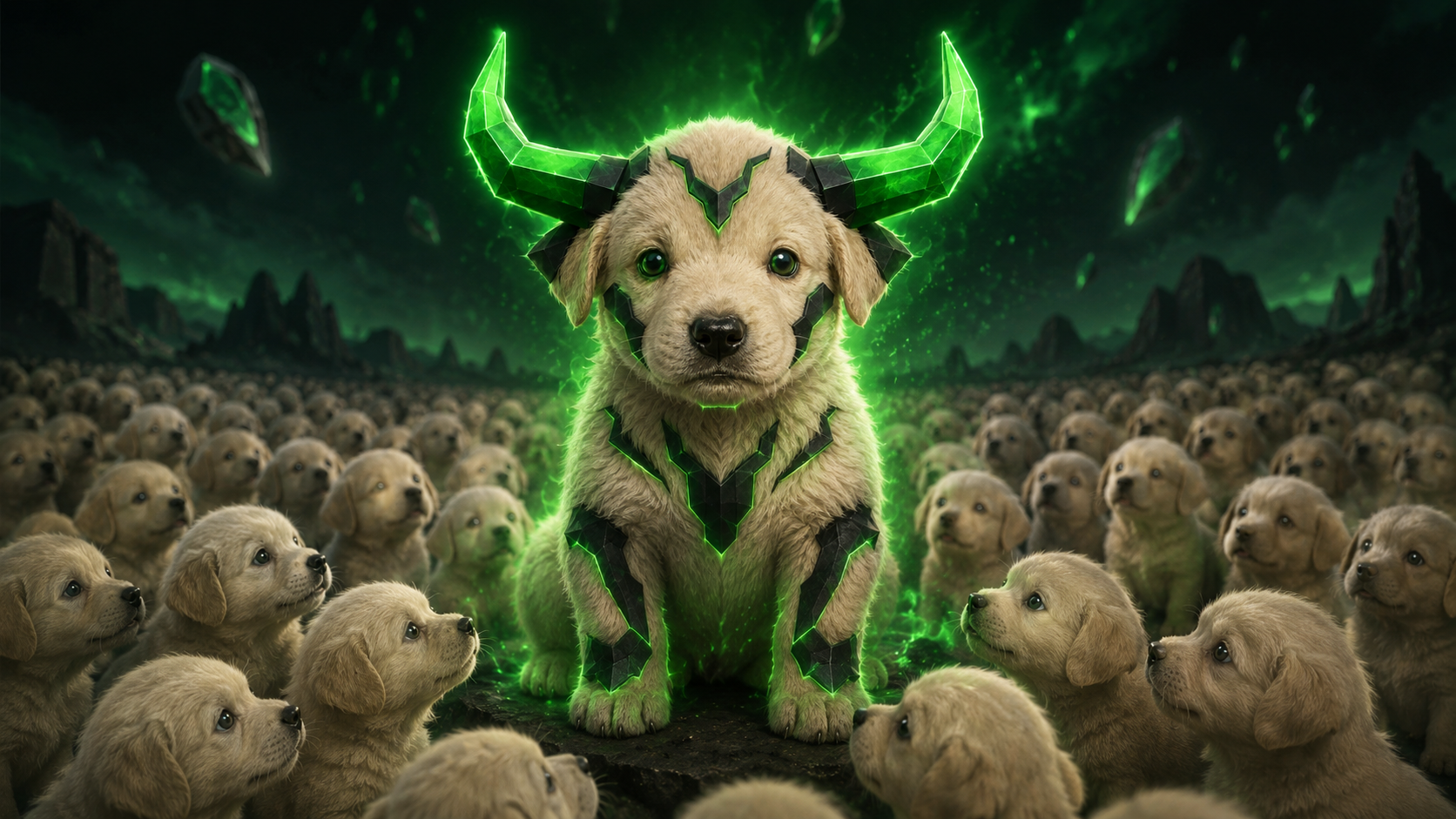 Armored Bulljotch leading an endless herd of puppies under a green sky