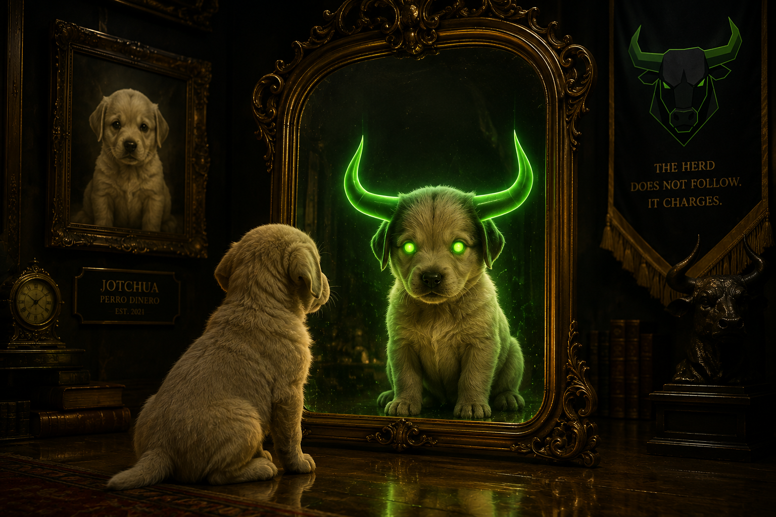 Jotchua staring into a gilded mirror and seeing himself with neon green bull horns