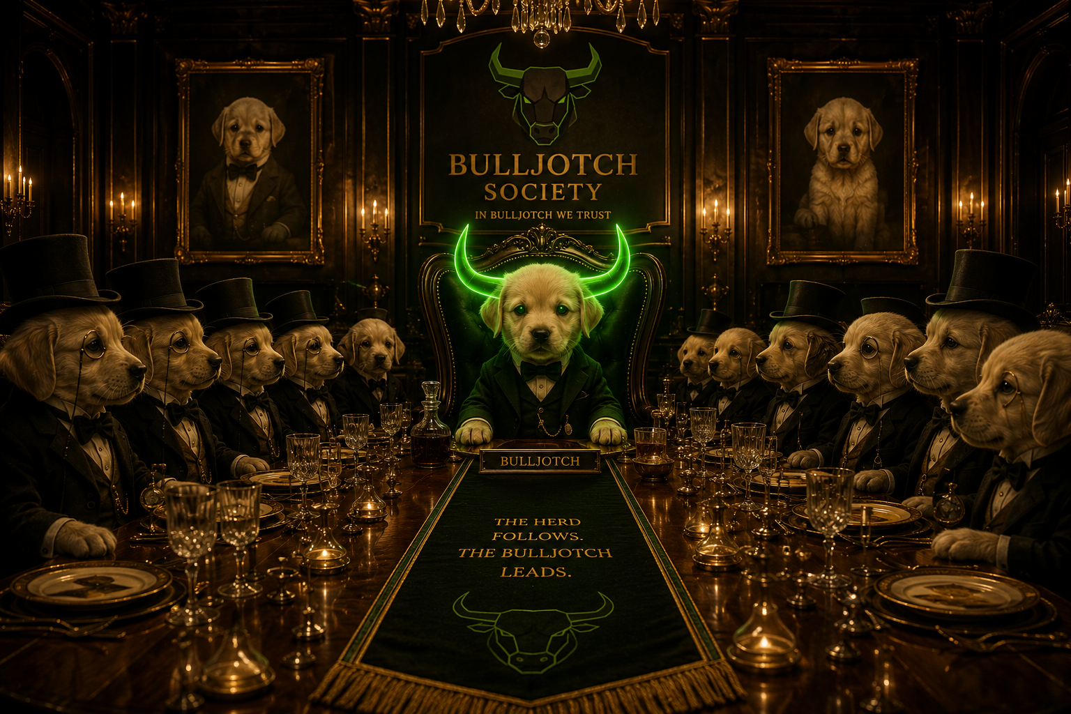 The Bulljotch Society: dogs in top hats and tuxedos around a candlelit table led by the horned Bulljotch