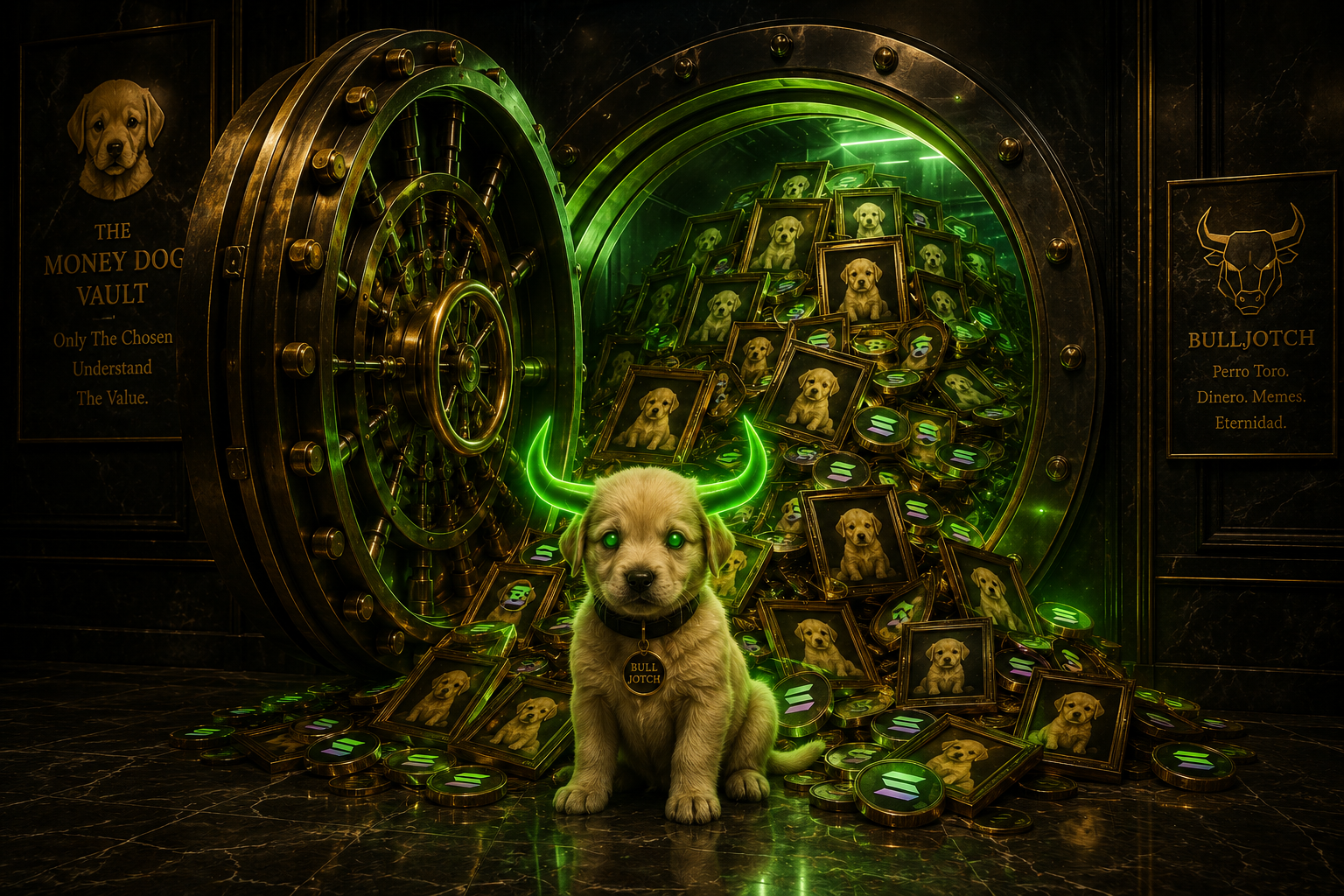 The Money Dog Vault overflowing with gilded Jotchua portraits and Solana coins